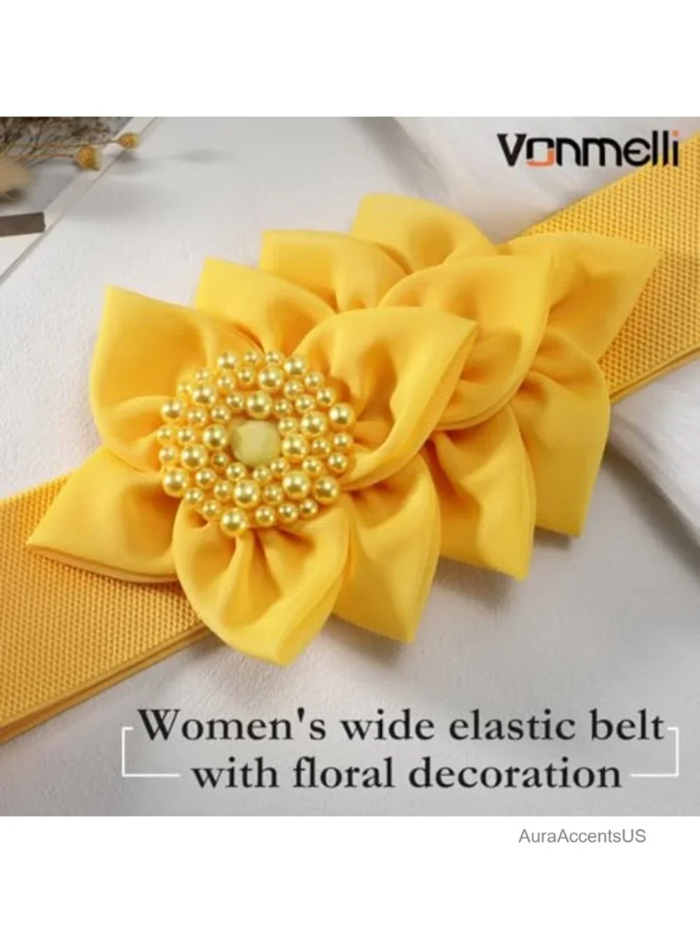 Wide Elastic Stretch Belt with Flower Pearl Decor Snap Closure